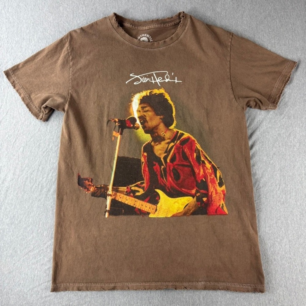 Authentic Hendrix Graphic Tee Mens S/M Brown Good Distressed Vintage Rock Shirt